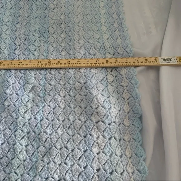 Baby Blanket Crochet Blue Lavender White Soft Blankie 46” x 33” Scalloped Edges - Picture 2 of 9